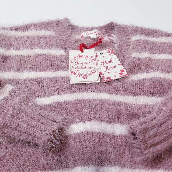 Pink Rose Pullover Stripes Eyelash Knit Sweater Long Sleeves - Picture 8 of 11